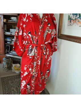 SAKURAI SHOJI WOMENS Red 100% COTTON FLORAL & GEISHA PRINT KYOTO KIMONO Med
